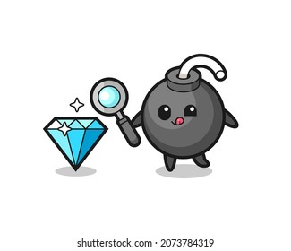 bomb mascot is checking the authenticity of a diamond , cute style design for t shirt, sticker, logo element