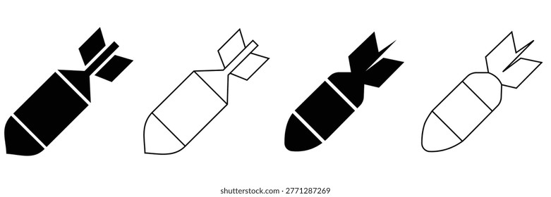 Bomb and Missile Icon Set – Explosive Device, Nuclear Warhead, Burning Fuse Symbol Military Ordnance Silhouette Vector Collection	