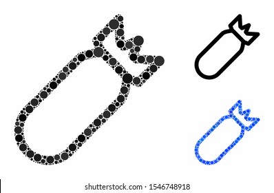 Bomb mosaic of small circles in various sizes and shades, based on bomb icon. Vector small circles are grouped into blue mosaic. Dotted bomb icon in usual and blue versions.
