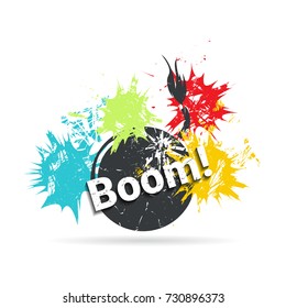 Bomb on background with color spots. Grunge vector illustration