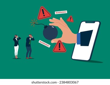 Bomb on smartphone with warning message alert. Hacker Cyber Attack. Unexpected problem, dangerous situation. Modern vector illustration in flat style.