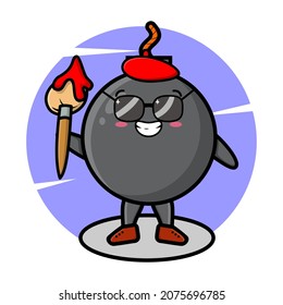 Personaje de caricatura del pintor de bombas con sombrero y pincel para dibujar   diseño de estilo lindo para camiseta, pegatina, elemento logotipo para camiseta, pegatina, elemento logotipo