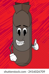 Bomb pointing at the viewer with his hand. Missile, explosive as funny cartoon character. War, Military concept.