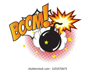 Bomb in pop art style and comic speech bubble with text - BOOM! Cartoon dynamite at background with dots halftone and sunburst.