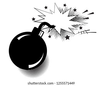 Bomb in pop art style and comic speech bubble. Cartoon dynamite at background with dots halftone and sunburst.