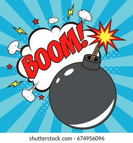 Bomb in pop art style and comic speech bubble with text - BOOM! Cartoon dynamite at background with dots halftone and sunburst. Vector illustration.