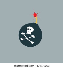 Bomb ready to explode with fuse and Jolly Roger sign. Vector flat icon of bomb