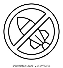 Bomb rocket ban thin line icon, stop war concept. Vector graphics. Bombing prohibited sign on white background, linear style for mobile or design