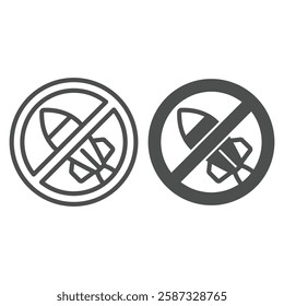 Bomb rocket launch forbidden line and solid icon, stop war concept. Vector graphics. Roket bombing flight prohibited sign on white background, outline style icon for mobile or web design