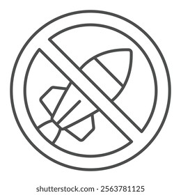 Bomb rocket launch forbidden thin line icon, stop war concept. Vector graphics. Roket bombing flight prohibited sign on white background, outline style icon for mobile or web design