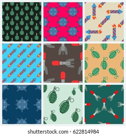 Bomb and rockets vector set seamless pattern background