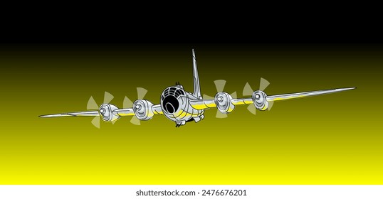 Bomba corre. Bombardero de la Segunda Guerra Mundial se acerca al objetivo. Vista frontal. Imagen de Vector para impresiones, póster e ilustraciones.