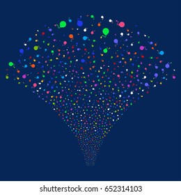 Bomb salute stream. Vector illustration style is flat bright multicolored iconic symbols on a blue background. Object fireworks fountain made from random pictographs.