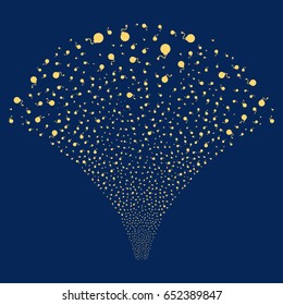 Bomb salute stream. Vector illustration style is flat yellow iconic symbols on a blue background. Object stream fountain combined from random pictographs.
