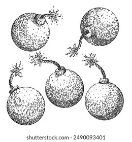 bomb set hand drawn. blast explode, explosion dynamite, isolated bang bomb vector sketch. isolated black illustration