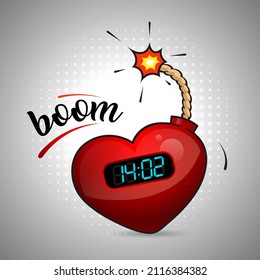 Bomba en forma de corazón y un reloj con los números 14 y 02. El concepto de una bandera cuadrada o tarjeta de invitación para la fiesta de San Valentín 