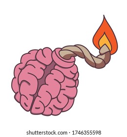 Bomb shaped brain with burning fuse. Mental health or brainstorm concept.