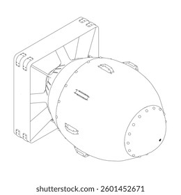 A bomb is shown in a black and white drawing. The bomb is large and has a lot of detail, including a handle and a speaker. The drawing gives the impression of a powerful and dangerous weapon