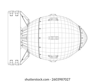 A bomb is shown in a black and white drawing. The bomb is large and has a pointed nose. The drawing is of a futuristic design, with a metallic look. The bomb is positioned in the center of the image