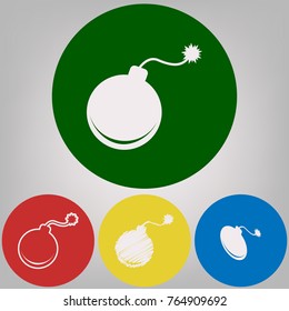 Bomb sign illustration. Vector. 4 white styles of icon at 4 colored circles on light gray background.