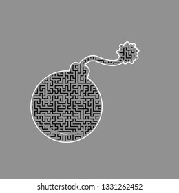 Bomb sign illustration. Vector. Black maze filled icon with white border at gray background.