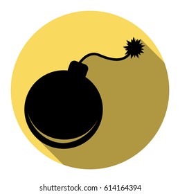 Bomb sign illustration. Vector. Flat black icon with flat shadow on royal yellow circle with white background. Isolated.
