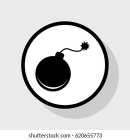 Bomb sign illustration. Vector. Flat black icon in white circle with shadow at gray background.