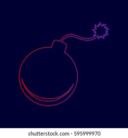 Bomb sign illustration. Vector. Line icon with gradient from red to violet colors on dark blue background.