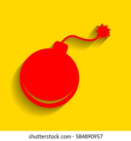 Bomb sign illustration. Vector. Red icon with soft shadow on golden background.