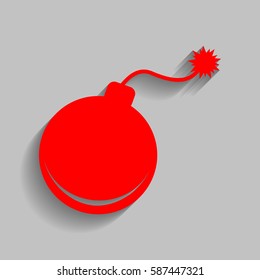 Bomb sign illustration. Vector. Red icon with soft shadow on gray background.