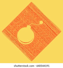 Bomb sign illustration. Vector. Red scribble icon obtained as a result of subtraction rhomb and path. Royal yellow background.