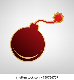 Bomb sign illustration. Vector. Red icon on gold sticker at light gray background.