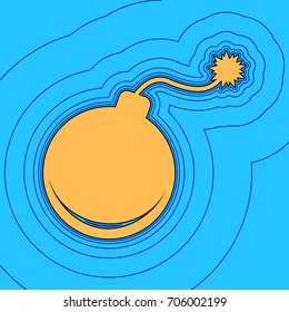 Bomb sign illustration. Vector. Sand color icon with black contour and equidistant blue contours like field at sky blue background. Like waves on map - island in ocean or sea.
