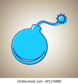 Bomb sign illustration. Vector. Sky blue icon with defected blue contour on beige background.