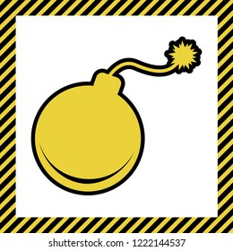 Bomb sign illustration. Vector. Warm yellow icon with black contour in frame named as under construction at white background. Isolated.
