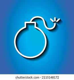 Bomb simple icon. Flat desing. White icon with shadow on blue background.ai