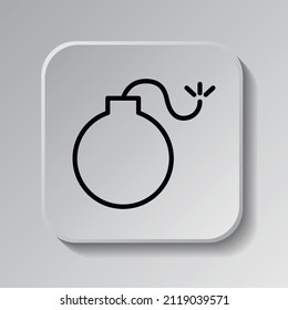 Bomb simple icon. Flat desing. Black icon on square button with shadow. Grey background.ai