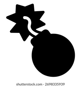 Bomba con chispa de fusible en llamas icono sólido, concepto de fuerza policial. Gráficos de Vector. Bomba de bala de cañón, signo de munición sobre fondo blanco, icono de estilo de glifo para móvil o Diseño web