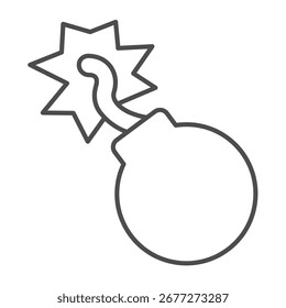 Bomba com faísca de queima fusível ícone de linha fina, conceito de força policial. Gráficos vetoriais. Bomba bola canhão, sinal de munição no fundo branco, ícone de estilo de contorno para design móvel ou web