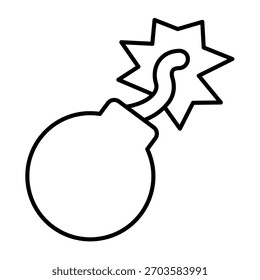 Bombe mit Funken brennender Sicherung dünnen Linie Symbol, Polizei-Force-Konzept. Vektorgrafiken. Kanonenkugelbombe, Munitionsschild auf weißem Hintergrund, Umrissstil-Symbol für Mobil- oder Webdesign