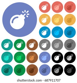 Bomb with sparkling fuse multi colored flat icons on round backgrounds. Included white, light and dark icon variations for hover and active status effects, and bonus shades on black backgounds.