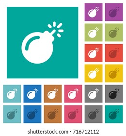 Bomb with sparkling fuse multi colored flat icons on plain square backgrounds. Included white and darker icon variations for hover or active effects.