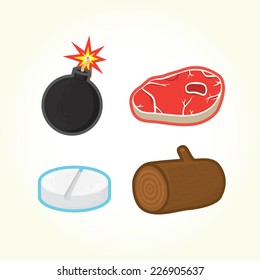 Bomb, steak, pill, log - isolated game vector icons