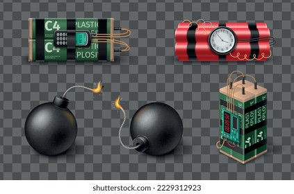 Bomb-tnt-realistisches Set mit verschiedenen Arten von Sprengstoffen auf transparentem Hintergrund einzelne Vektorgrafik