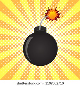 Bomb vector. Bright dynamic cartoon illustration in retro pop art style on a halftone background
