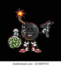 vector de bomba arma de coser, bolsa de nug de algas y marihuana de flor de brote de cannabis contundente y cara feliz