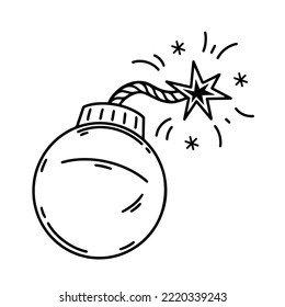 Icono del vector de la bomba. Ilustración dibujada a mano aislada en blanco. Una granada redonda con una mecha en llamas. Armamento explosivo peligroso. Un simple garabato, un contorno negro. Clipart para logotipo, web, aplicaciones, impresión