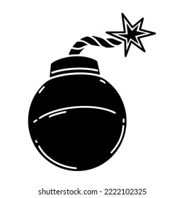 Icono del vector de la bomba. Una granada redonda de metal con una mecha en llamas. Ilustración dibujada a mano aislada en blanco. Armamento explosivo peligroso. Sencillo doodle de dibujos animados, silueta negra. Clipart para logotipo, web, aplicaciones
