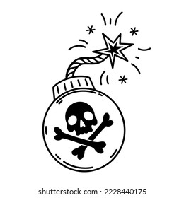 Bomb vector icon. A round metal grenade with a burning wick, with a skull and crossbones sign. Black outline isolated on white. Dangerous explosive weapon. Simple silhouette. Clipart for logo, apps