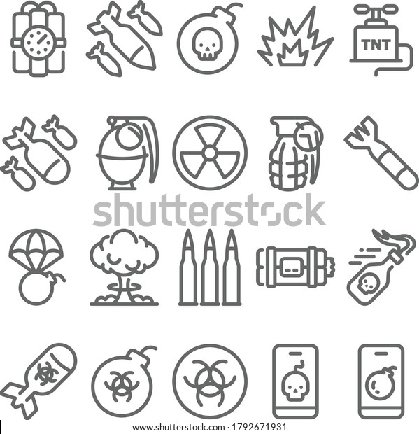 Bomb War icon illustration vector set.
Contains such icon as Nuclear, Grenade, TNT, Dynamite, Weapon,
Explosion, Radiation and more. Expanded
Stroke